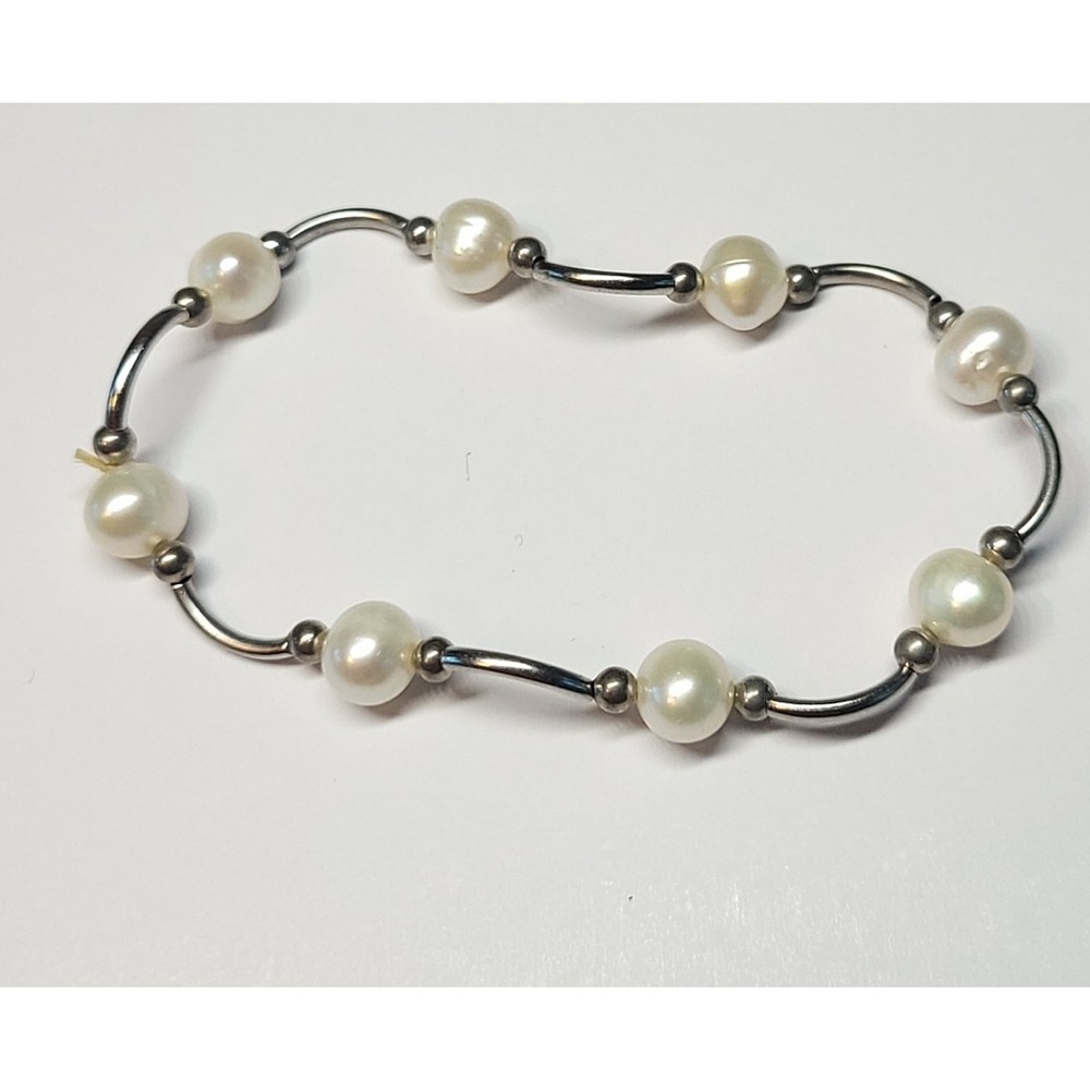 Freshwater Pearl Silver Tone Curved Tube Bead Stretch Bracelet White